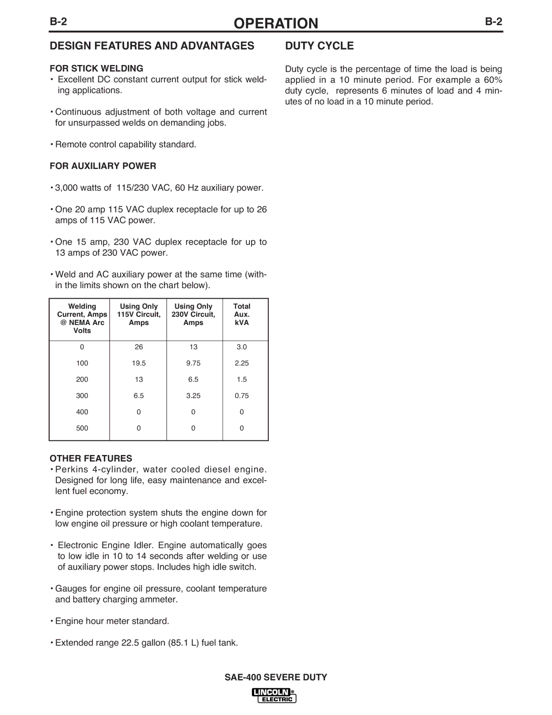 Lincoln Electric IM870-A manual Design Features and Advantages, Duty Cycle, For Stick Welding, For Auxiliary Power 