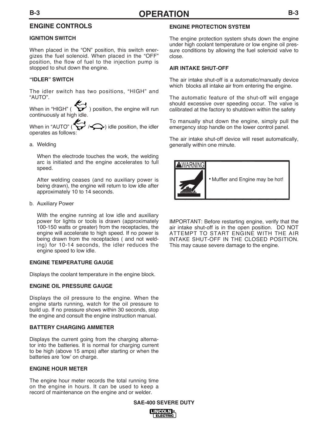 Lincoln Electric IM870-A manual Engine Controls 