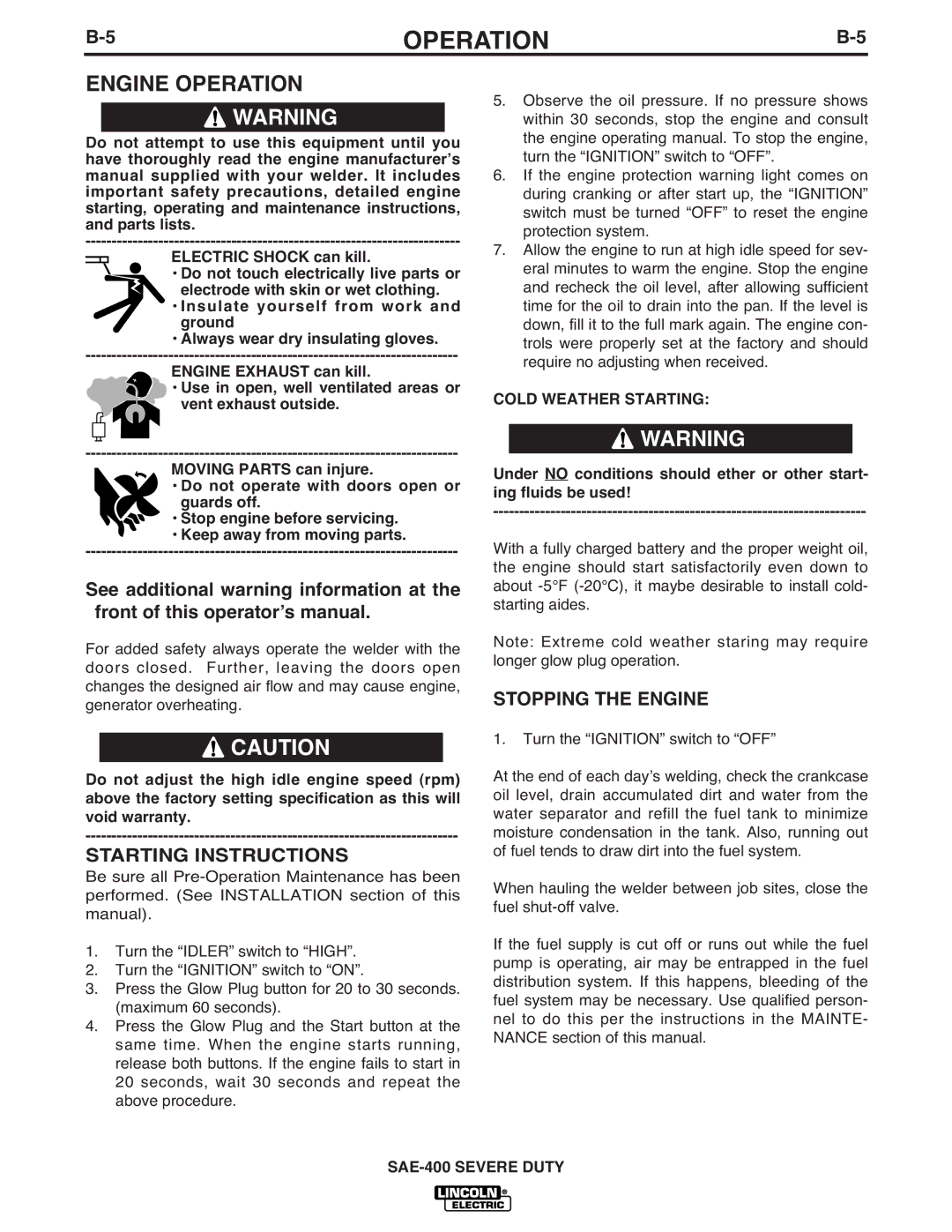 Lincoln Electric IM870-A manual Engine Operation, Starting Instructions, Stopping the Engine, Cold Weather Starting 