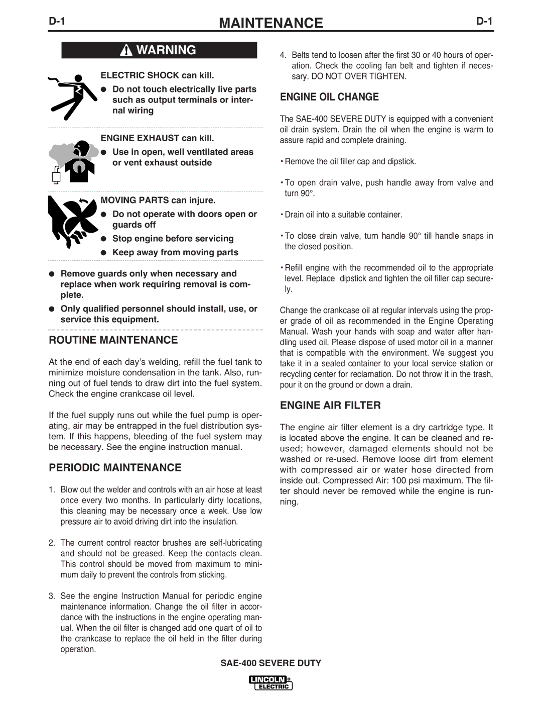 Lincoln Electric IM870-A manual Routine Maintenance, Engine OIL Change, Periodic Maintenance, Engine AIR Filter 