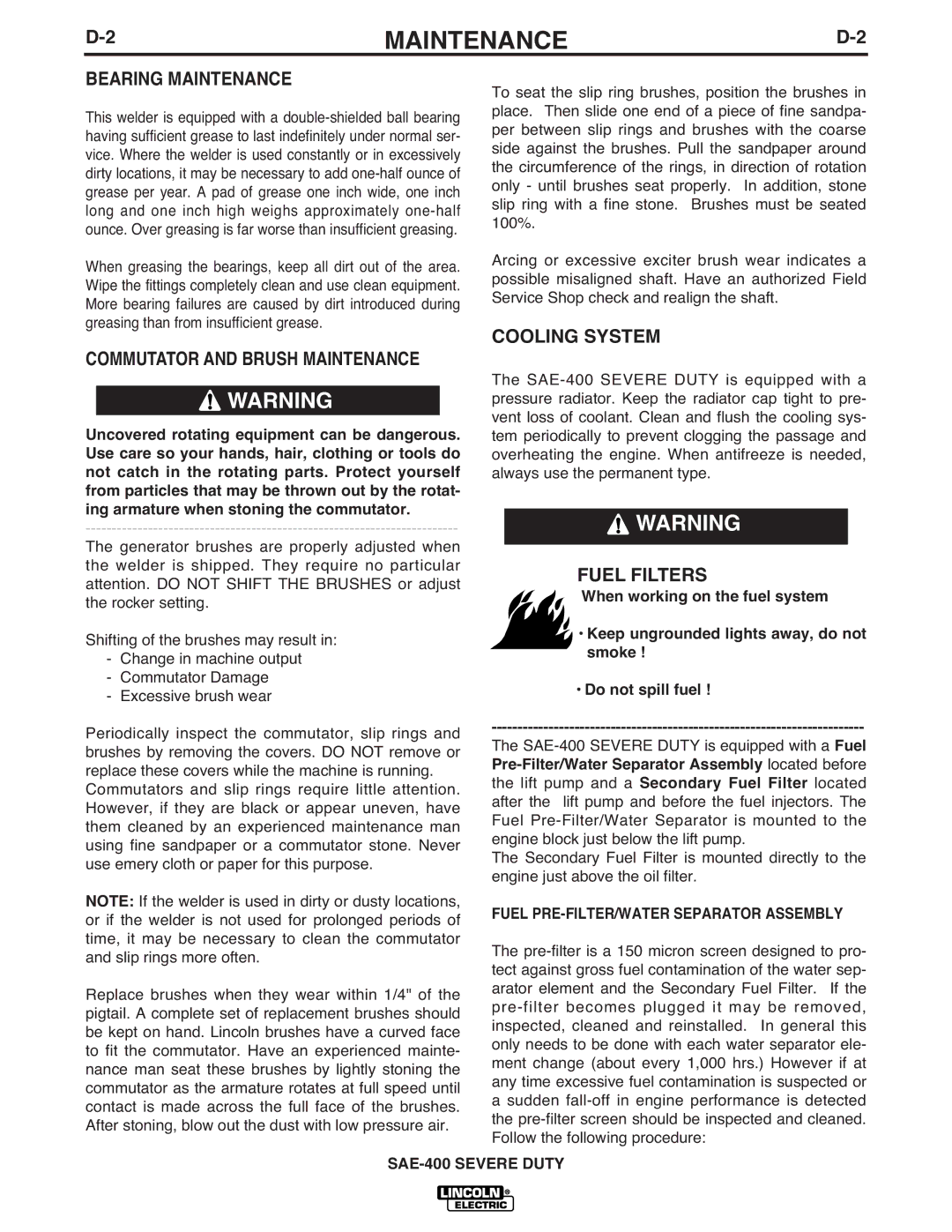 Lincoln Electric IM870-A manual Bearing Maintenance, Commutator and Brush Maintenance, Cooling System, Fuel Filters 