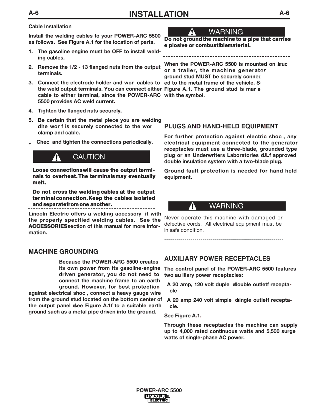 Lincoln Electric IM871-A Plugs and HAND-HELD Equipment, Machine Grounding, Auxiliary Power Receptacles, Cable Installation 