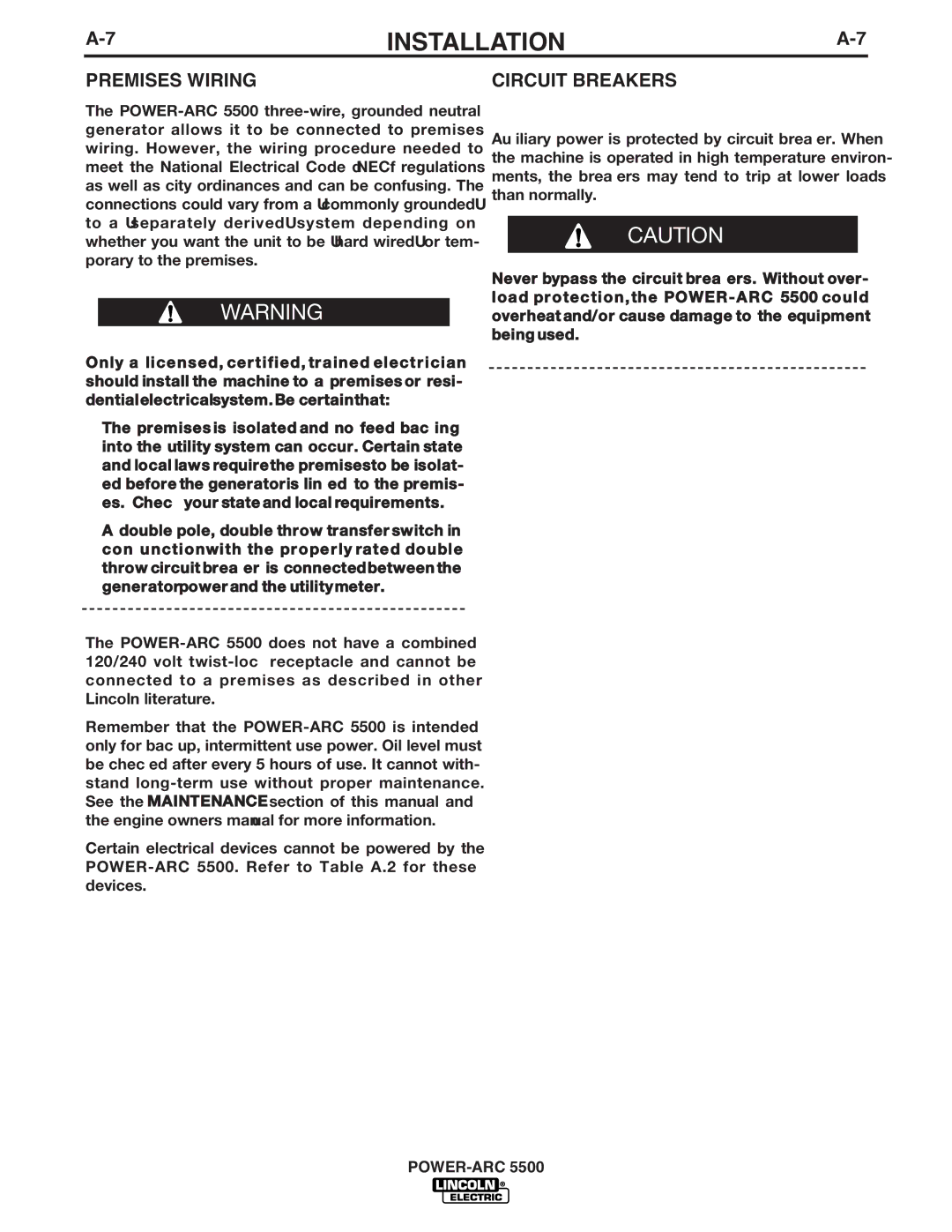 Lincoln Electric IM871-A manual Premises Wiring, Circuit Breakers 