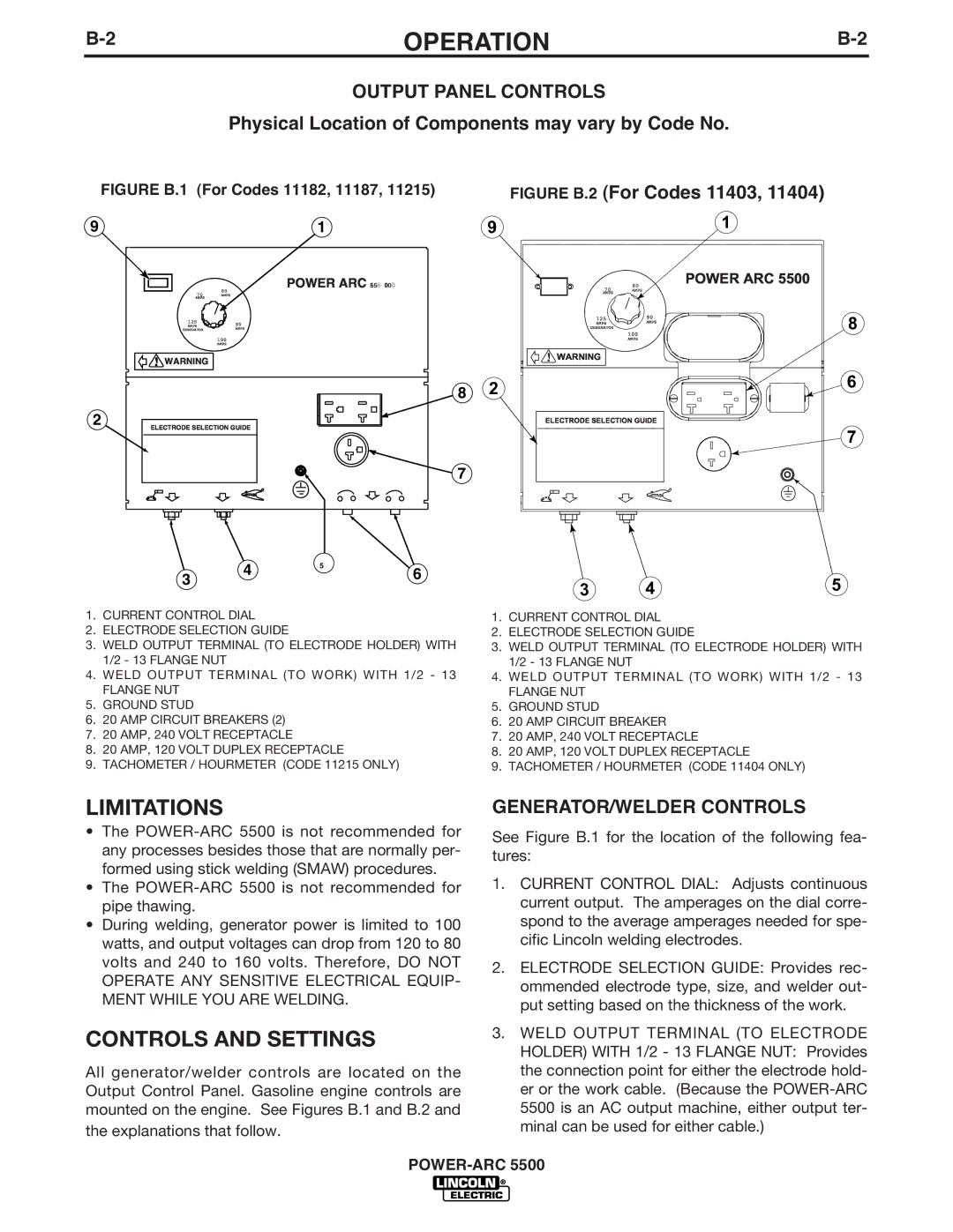 Lincoln Electric IM871-A manual Limitations, Controls and Settings, Output Panel Controls, GENERATOR/WELDER Controls 