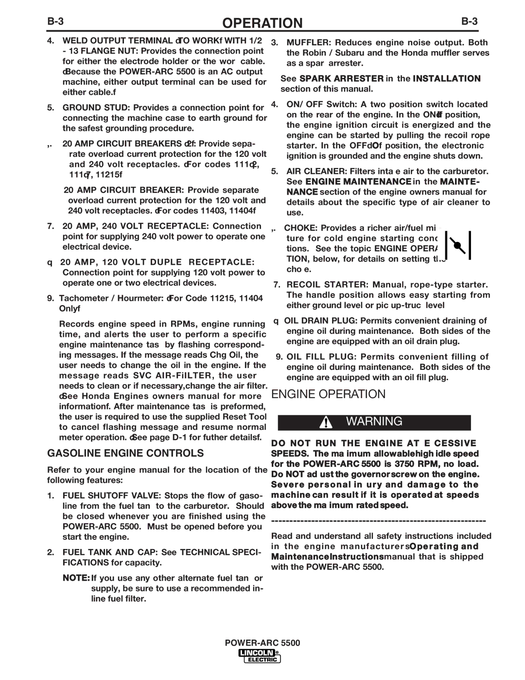 Lincoln Electric IM871-A manual Engine Operation, Gasoline Engine Controls 