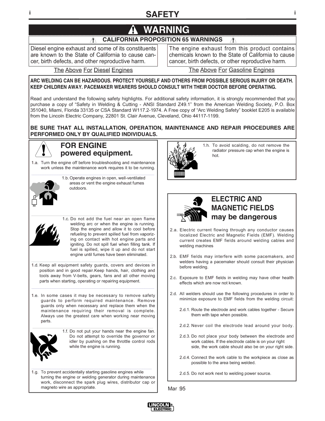 Lincoln Electric IM871-A manual Safety, California Proposition 65 Warnings 