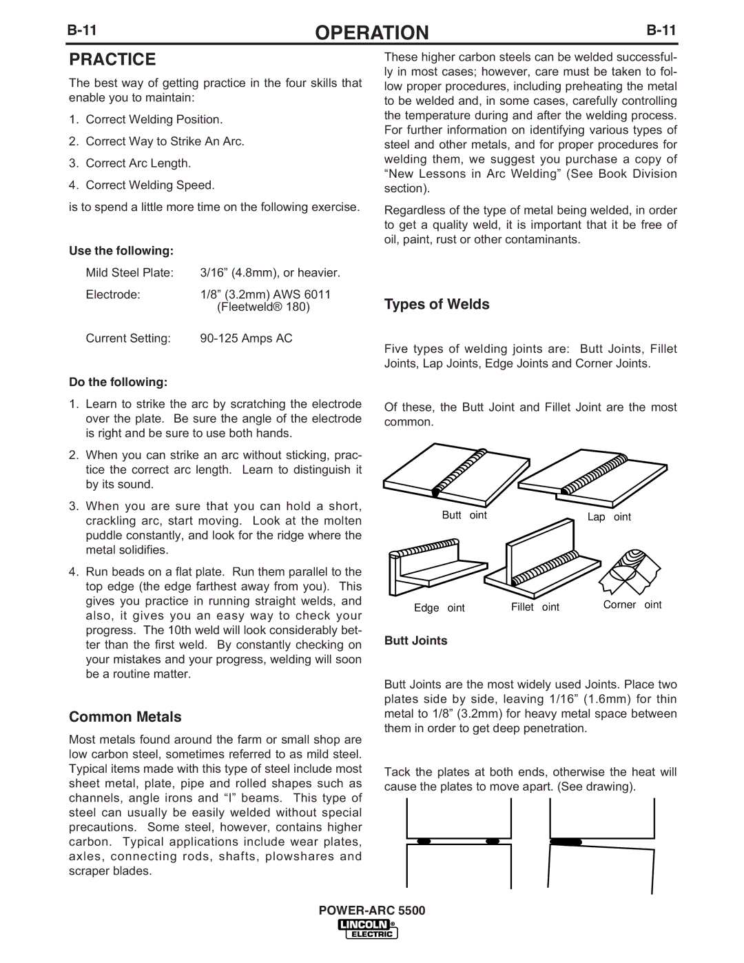 Lincoln Electric IM871-A manual Common Metals, Types of Welds, Use the following, Do the following, Butt Joints 