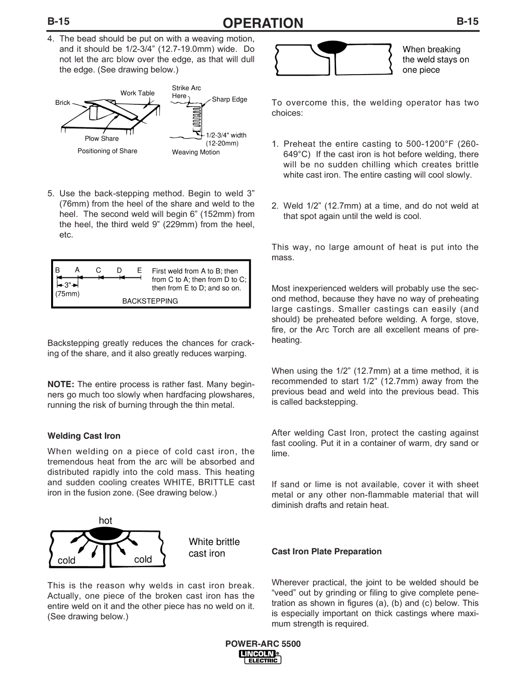 Lincoln Electric IM871-A manual Welding Cast Iron, Cast Iron Plate Preparation 