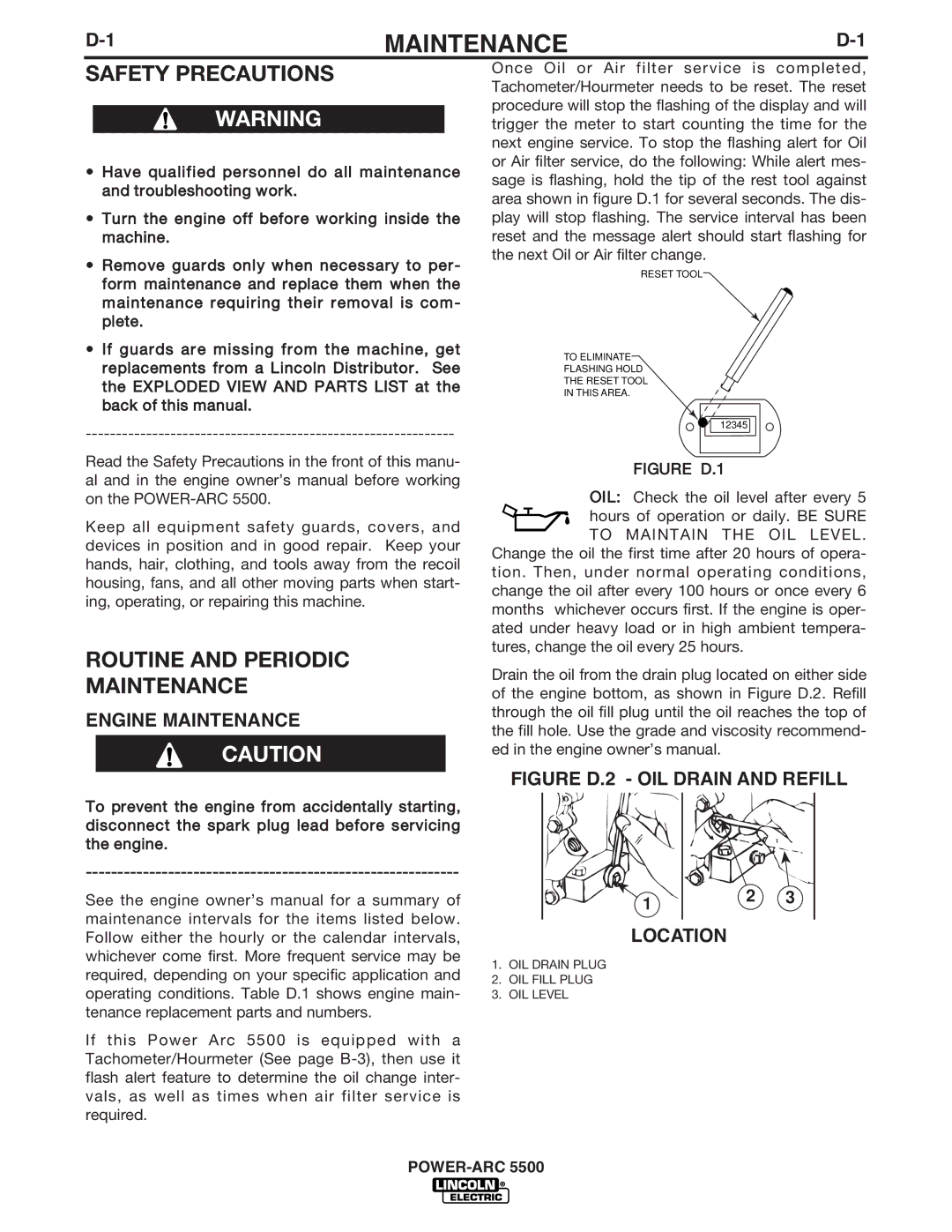 Lincoln Electric IM871-A manual Routine and Periodic Maintenance, Engine Maintenance 