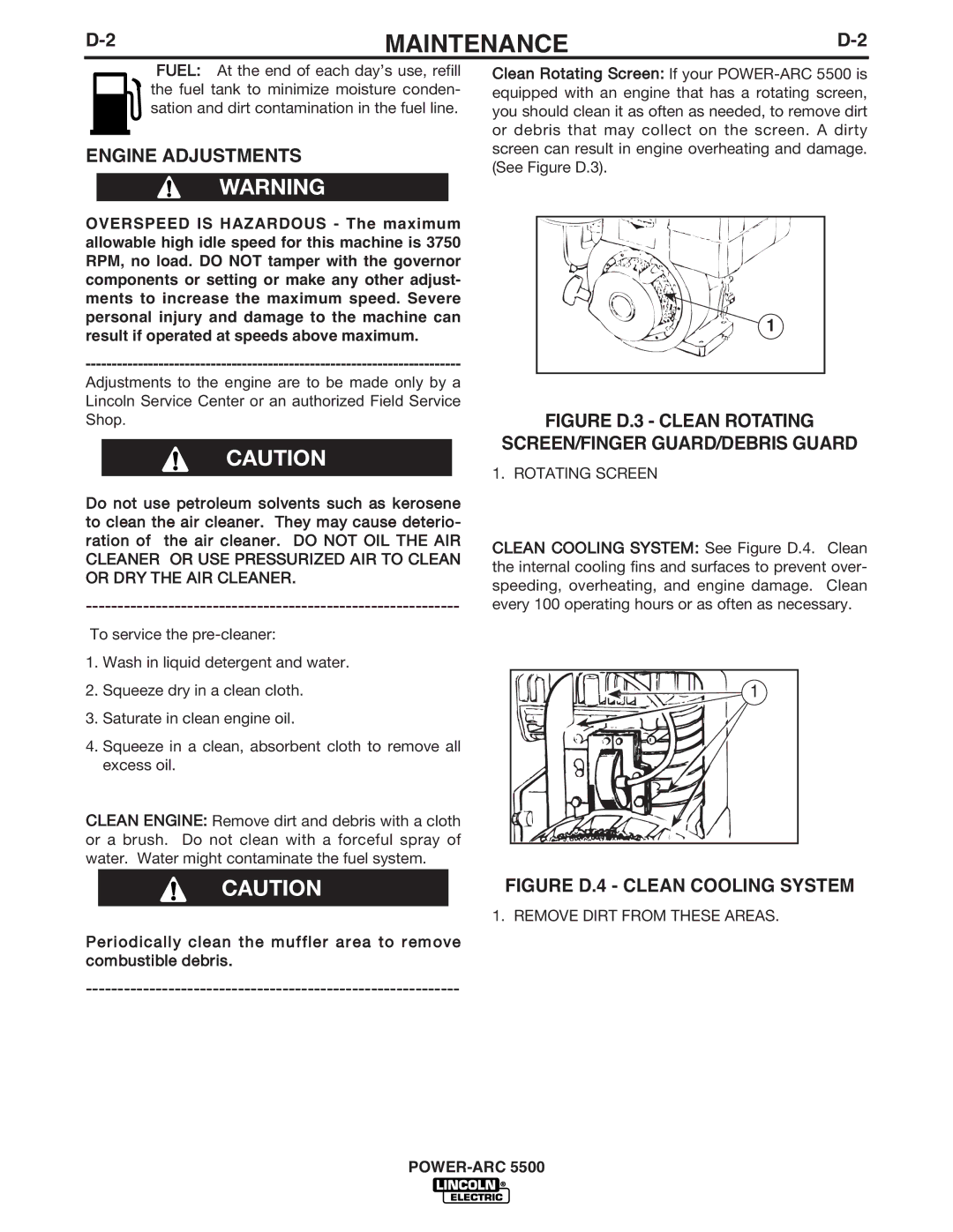 Lincoln Electric IM871-A manual Engine Adjustments, Figure D.3 Clean Rotating SCREEN/FINGER GUARD/DEBRIS Guard 