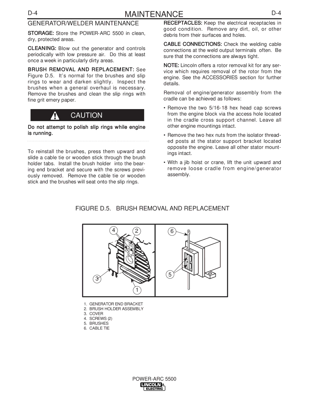 Lincoln Electric IM871-A manual GENERATOR/WELDER Maintenance, Figure D.5. Brush Removal and Replacement 