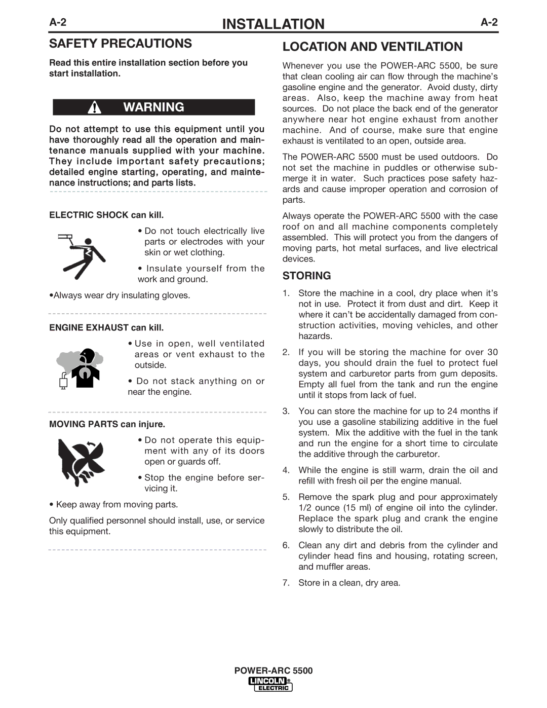 Lincoln Electric IM871-A manual Safety Precautions, Location and Ventilation, Storing, Engine Exhaust can kill 