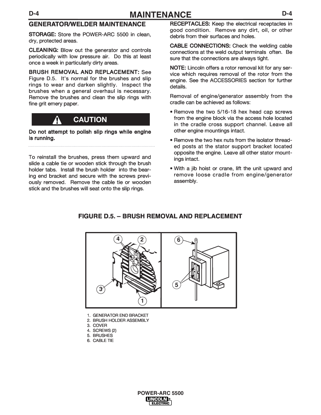 Lincoln Electric IM871-A manual Generator/Welder Maintenance, FIGURE D.5. – BRUSH REMOVAL AND REPLACEMENT, POWER-ARC5500 