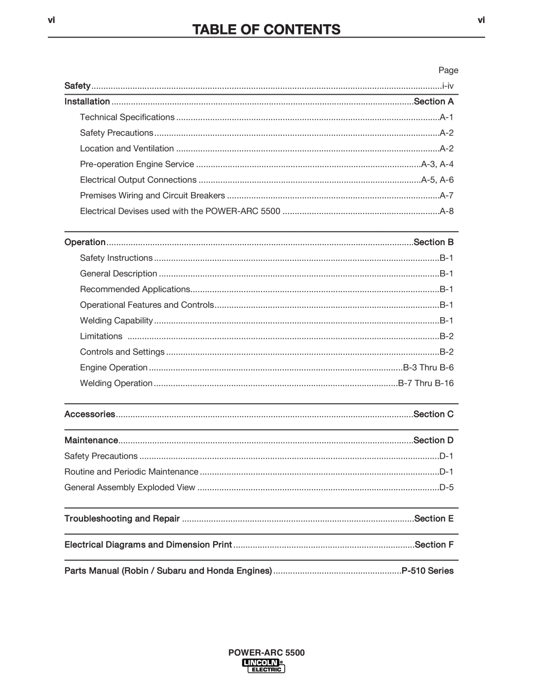 Lincoln Electric IM871-A manual POWER-ARC5500, Table Of Contents, Section A, Section B, Section C, Section D, Section E 