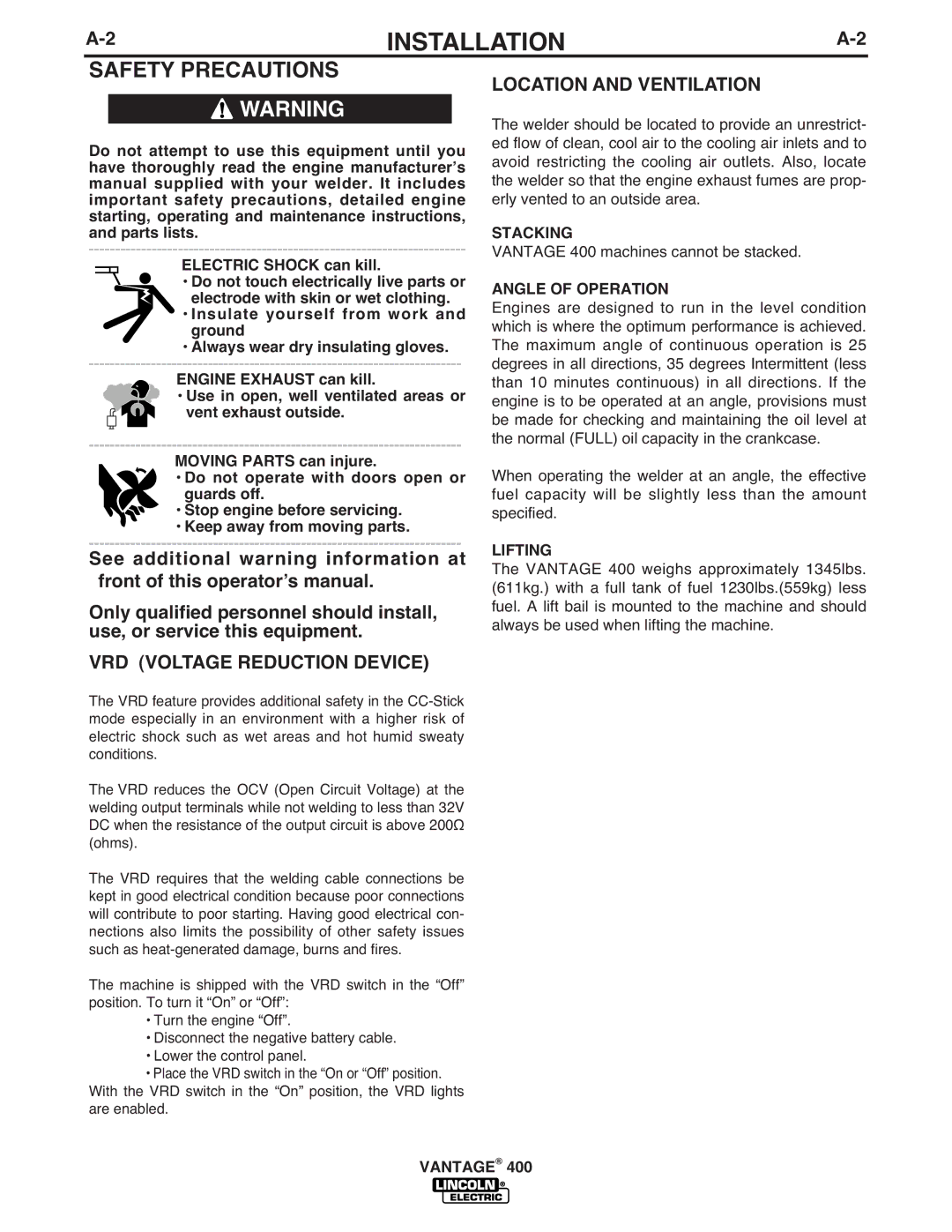 Lincoln Electric IM883-A manual Safety Precautions, VRD Voltage Reduction Device, Location and Ventilation 