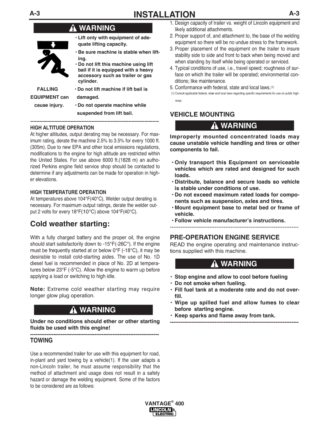 Lincoln Electric IM883-A manual Towing, Vehicle Mounting, PRE-OPERATION Engine Service, High Altitude Operation 