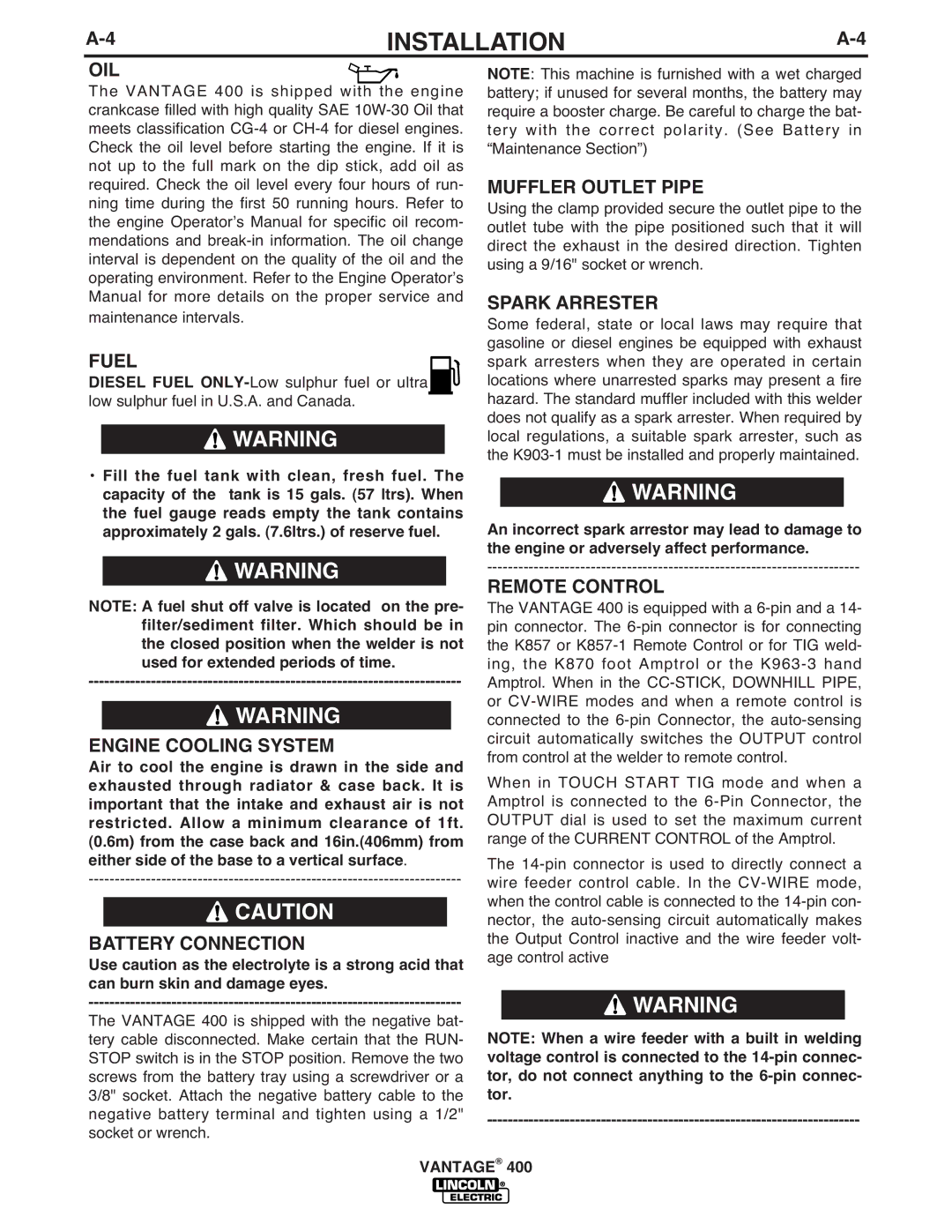 Lincoln Electric IM883-A manual Oil, Fuel, Engine Cooling System, Battery Connection, Muffler Outlet Pipe, Spark Arrester 