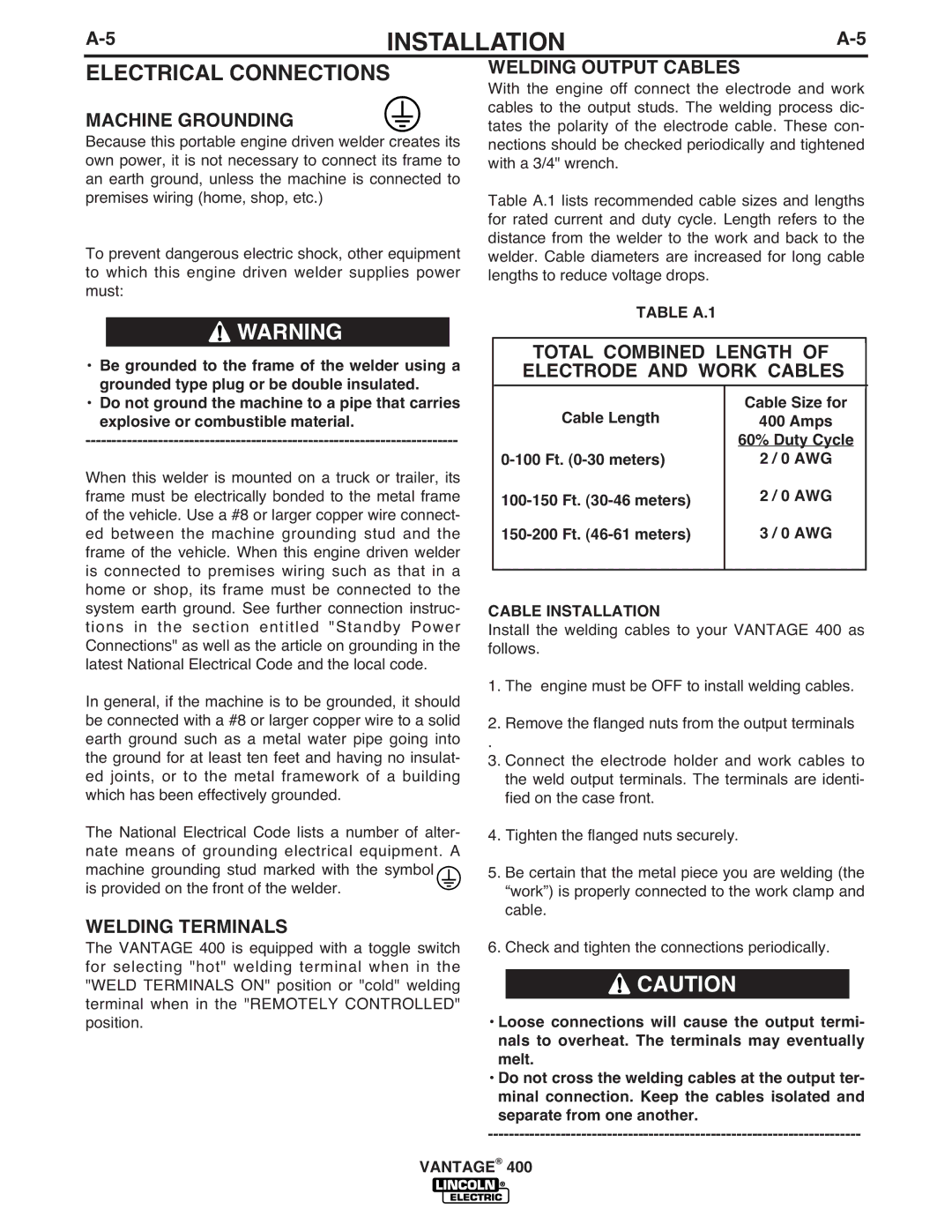 Lincoln Electric IM883-A manual Electrical Connections, Machine Grounding, Welding Output Cables, Welding Terminals 