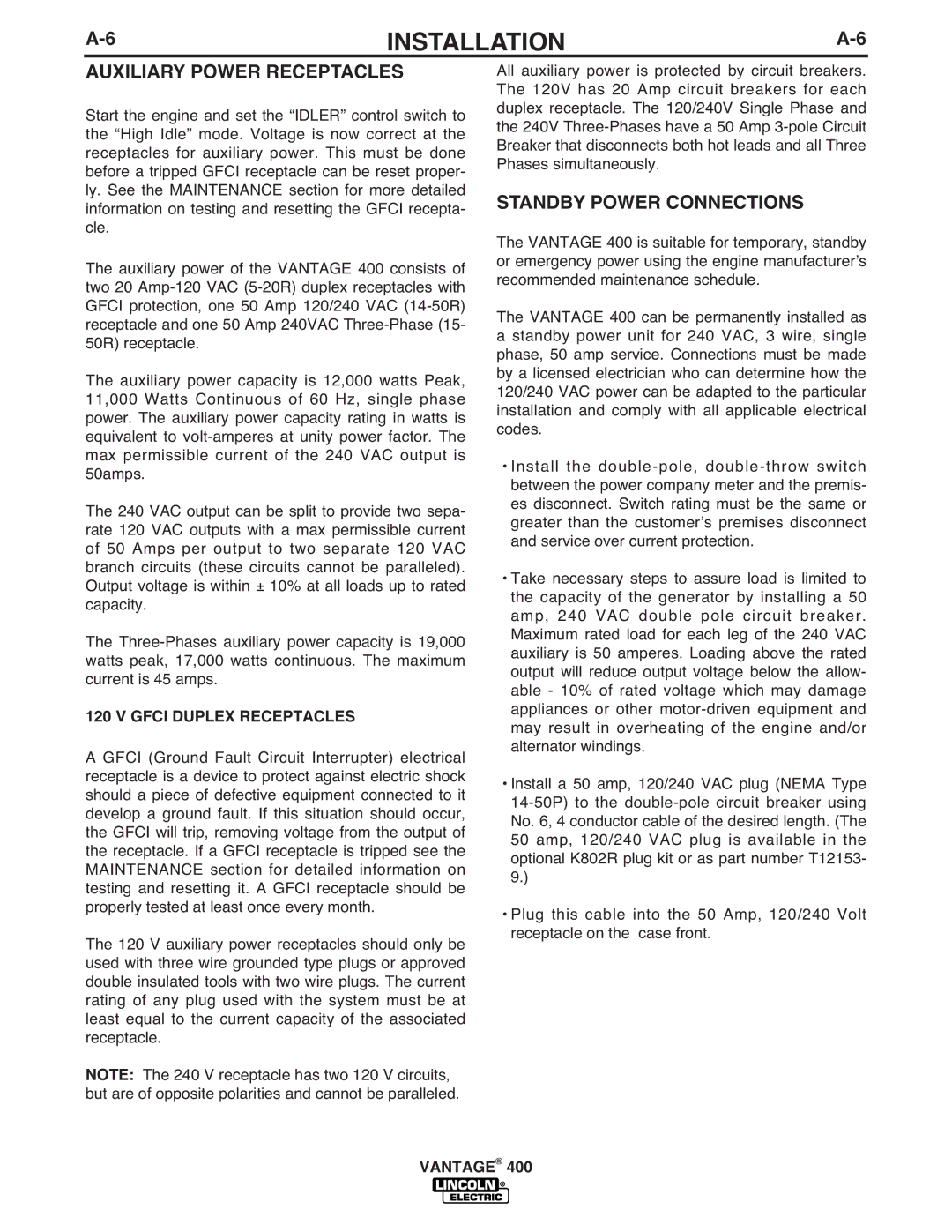 Lincoln Electric IM883-A manual Auxiliary Power Receptacles, Standby Power Connections, Gfci Duplex Receptacles 