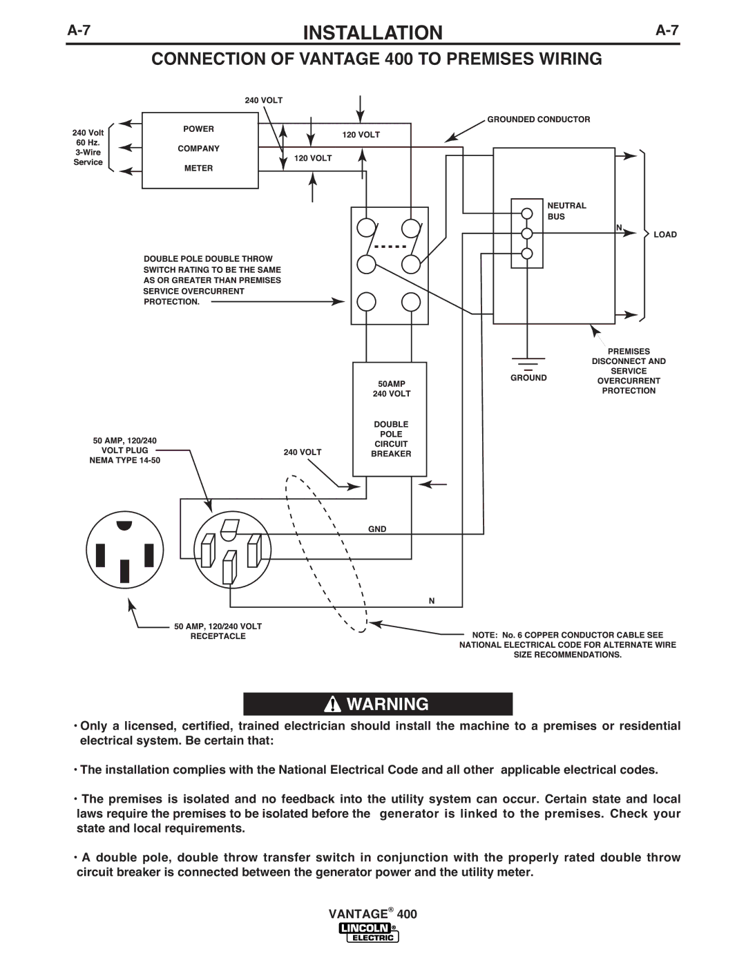 Lincoln Electric IM883-A manual Connection of Vantage 400 to Premises Wiring 