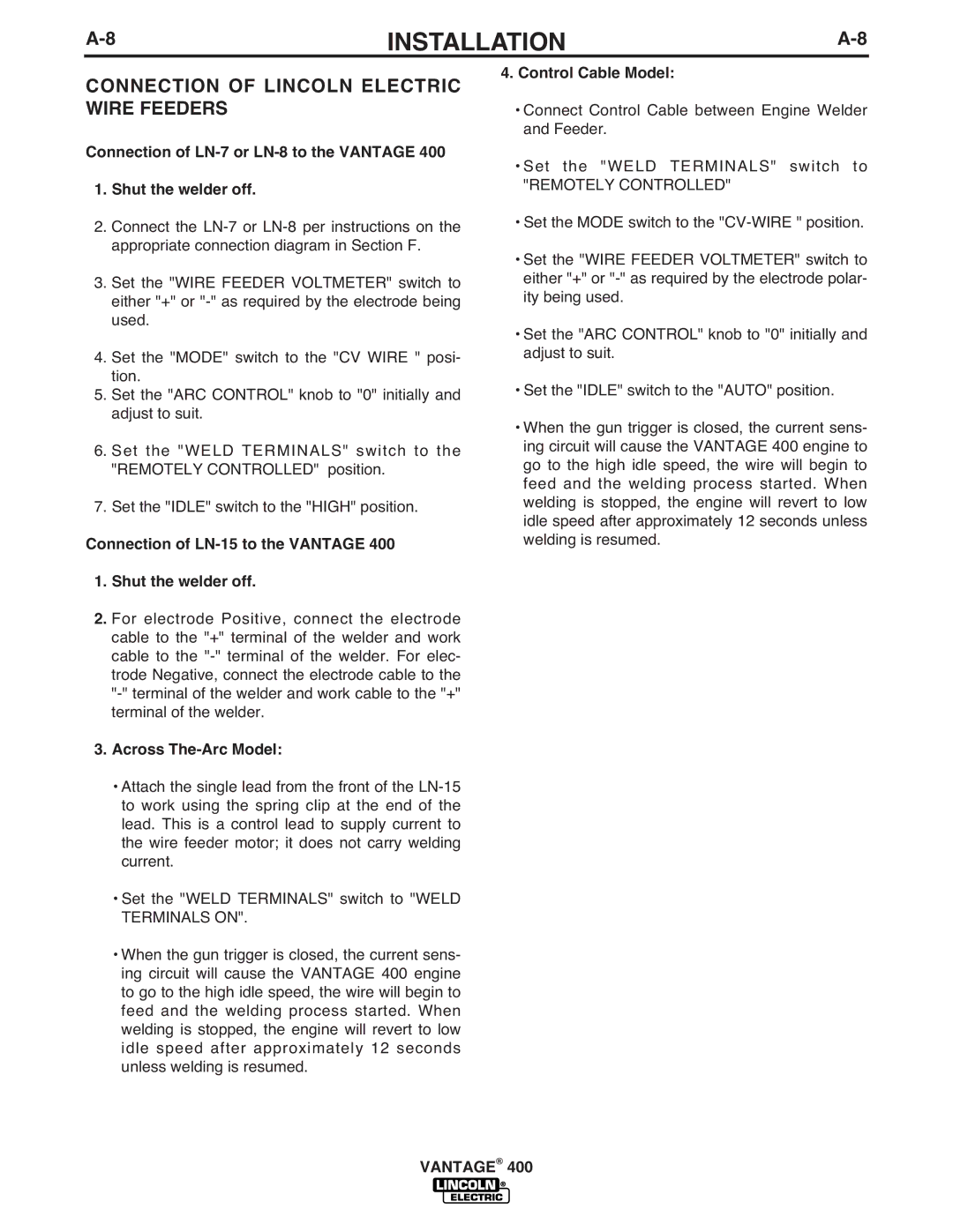 Lincoln Electric IM883-A manual Connection of Lincoln Electric Wire Feeders, Across The-Arc Model, Control Cable Model 