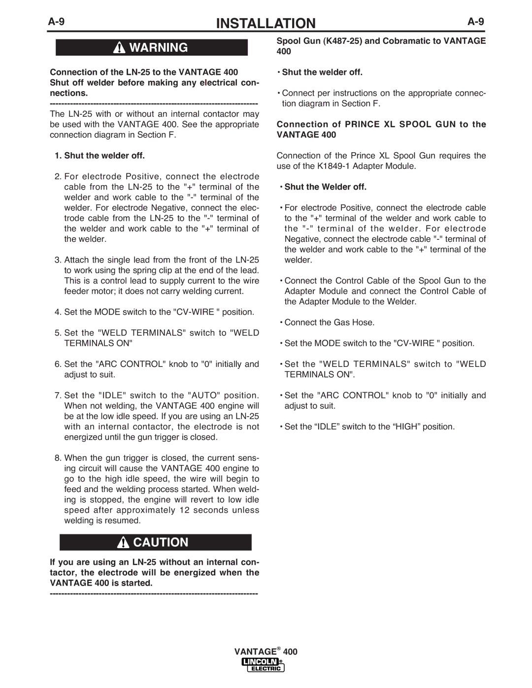 Lincoln Electric IM883-A manual Connection of Prince XL Spool GUN to the Vantage 