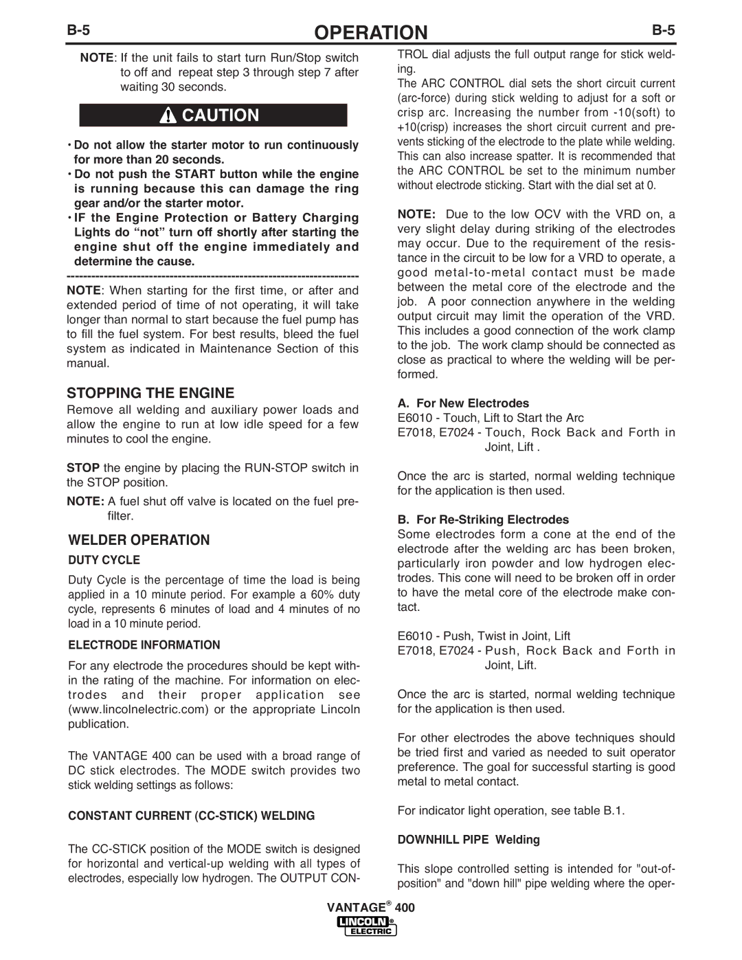 Lincoln Electric IM883-A manual Stopping the Engine, Welder Operation, Duty Cycle, Electrode Information 