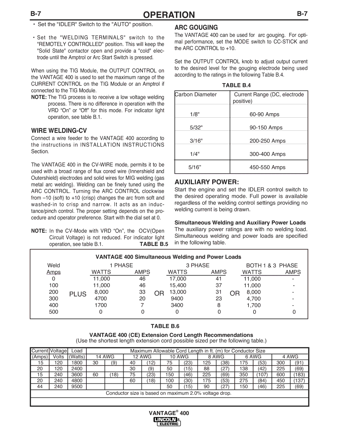 Lincoln Electric IM883-A manual Wire WELDING-CV, ARC Gouging, Auxiliary Power 