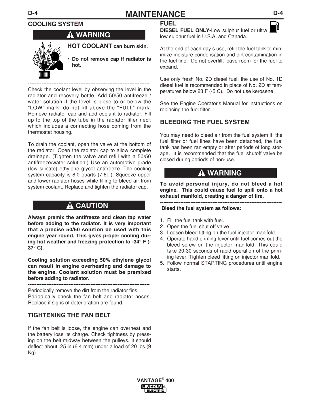 Lincoln Electric IM883-A manual Cooling System, Tightening the FAN Belt, Bleeding the Fuel System 