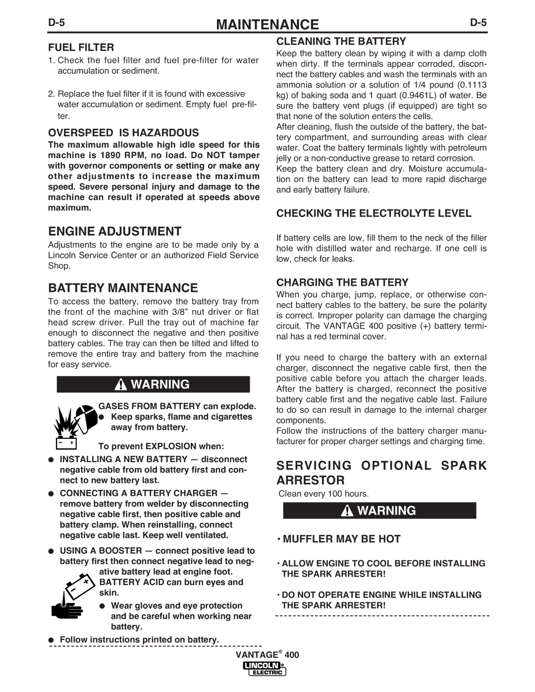 Lincoln Electric IM883-A manual Engine Adjustment, Battery Maintenance, Servicing Optional Spark, Arrestor 