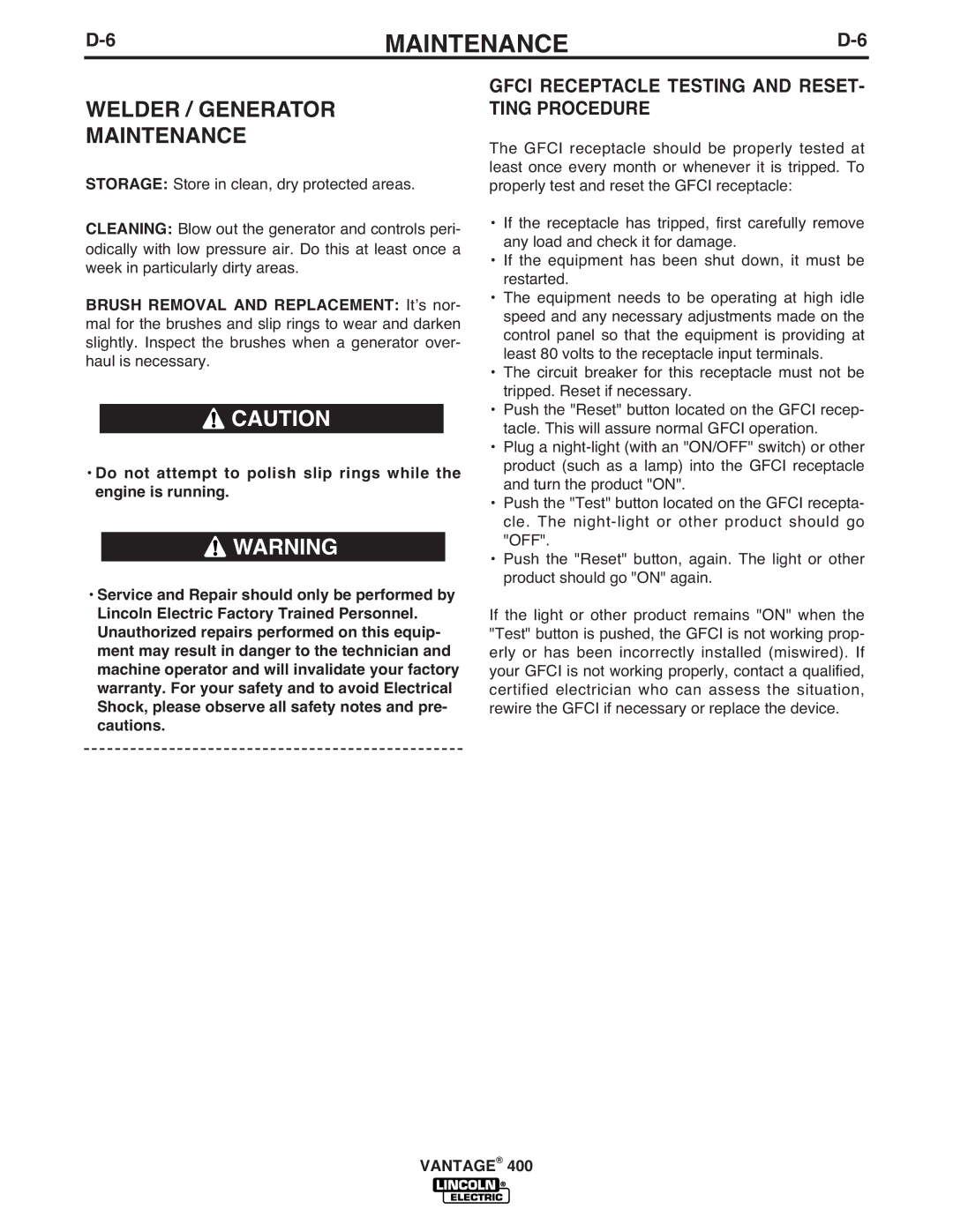 Lincoln Electric IM883-A manual Welder / Generator Maintenance, Gfci Receptacle Testing and RESET- Ting Procedure 