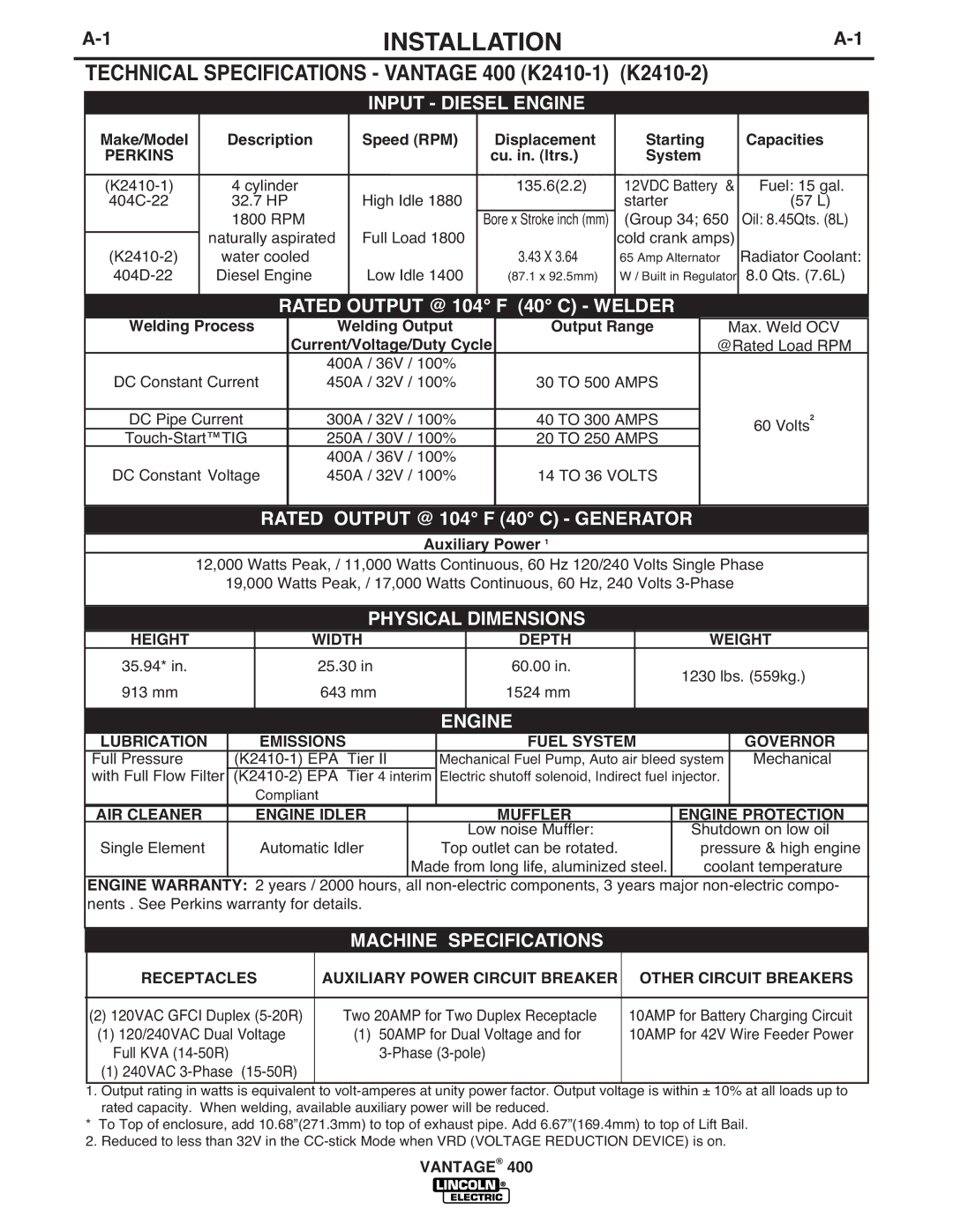 Lincoln Electric IM883-A manual Installation, Technical Specifications Vantage 400 K2410-1 K2410-2 