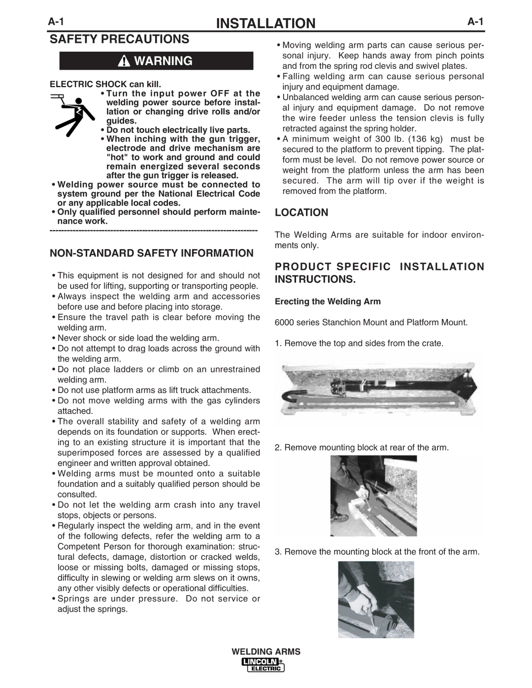 Lincoln Electric IM886 manual NON-STANDARD Safety Information, Location, Product Specific Installation Instructions 