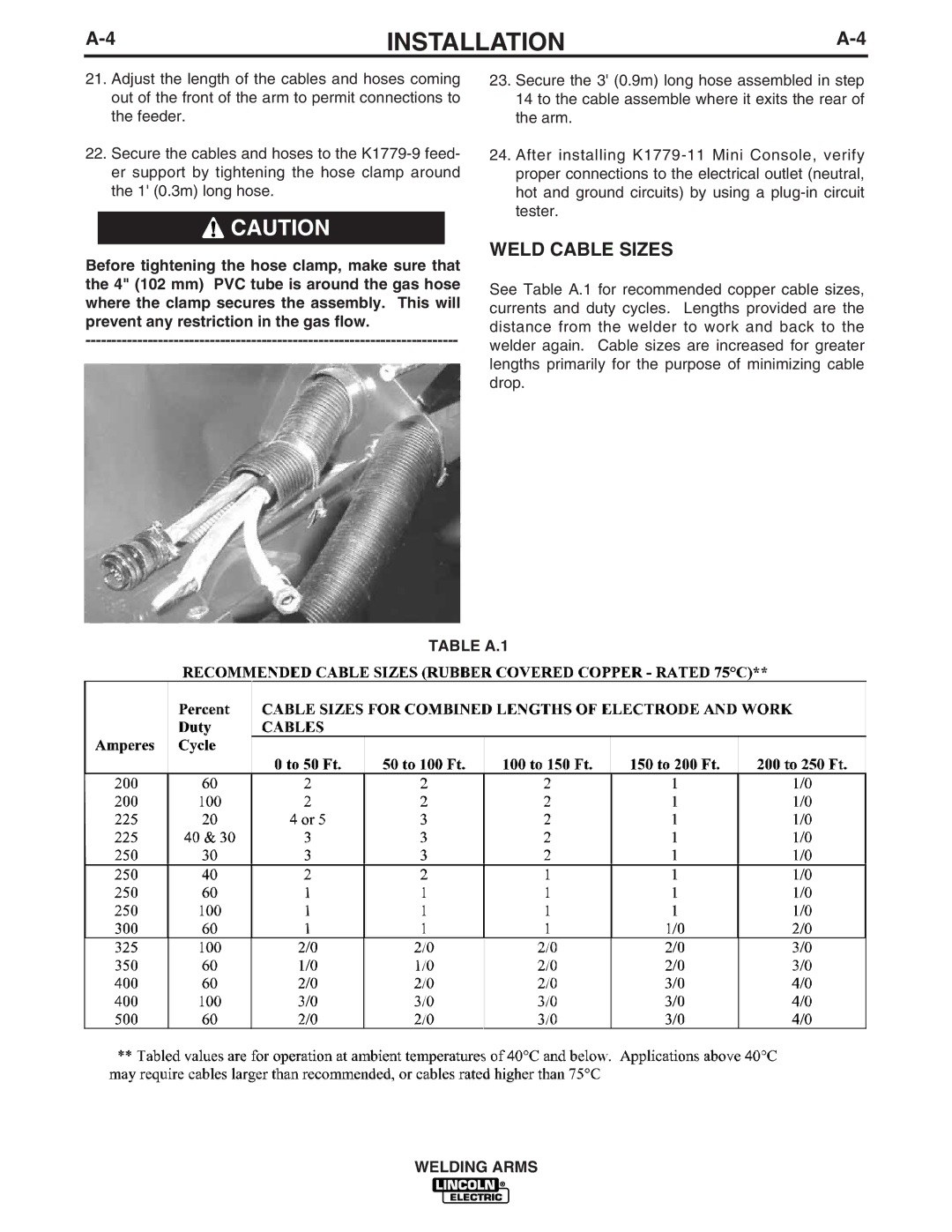 Lincoln Electric IM886 manual Weld Cable Sizes 