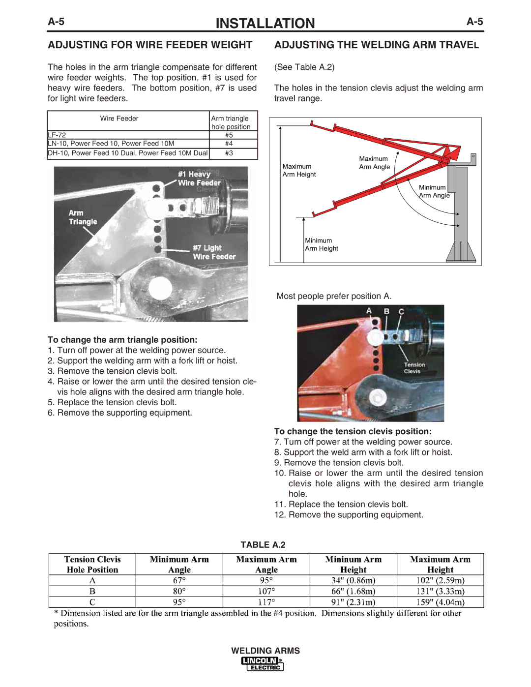 Lincoln Electric IM886 manual Adjusting for Wire Feeder Weight, Adjusting the Welding ARM Travel 