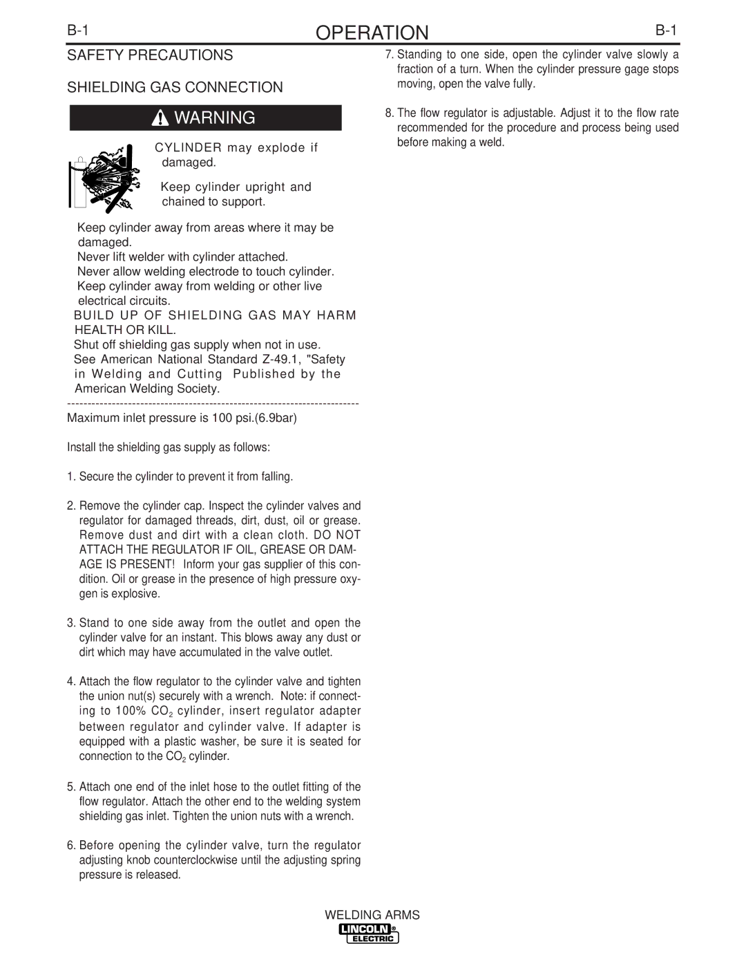 Lincoln Electric IM886 manual Operation, Safety Precautions Shielding GAS Connection 