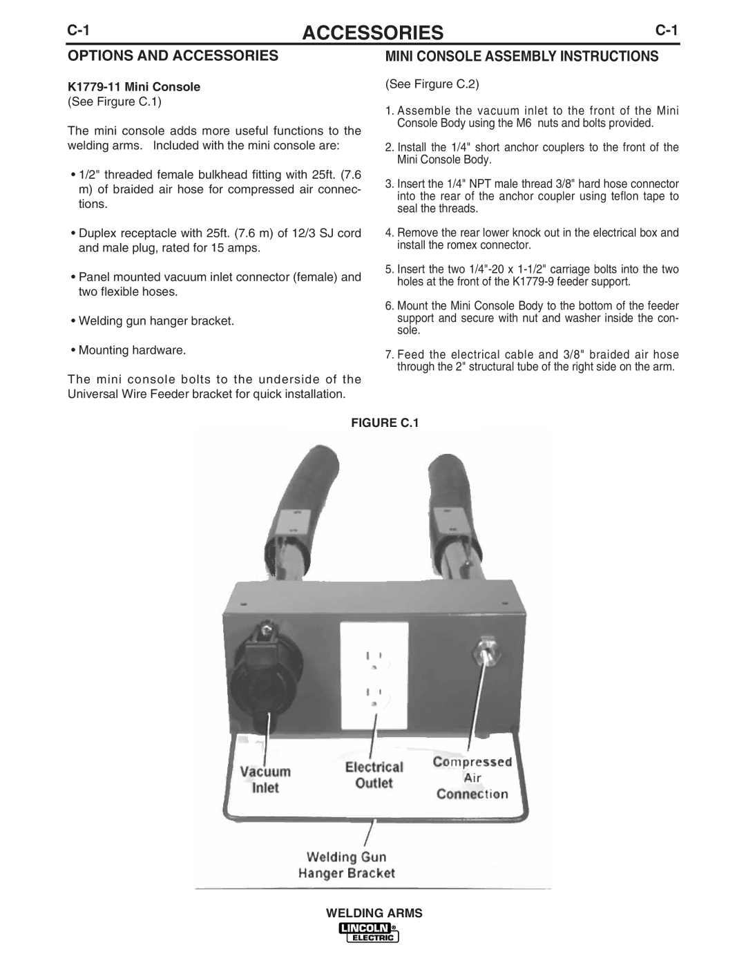 Lincoln Electric IM886 manual Options and Accessories, Mini Console Assembly Instructions, K1779-11 Mini Console 