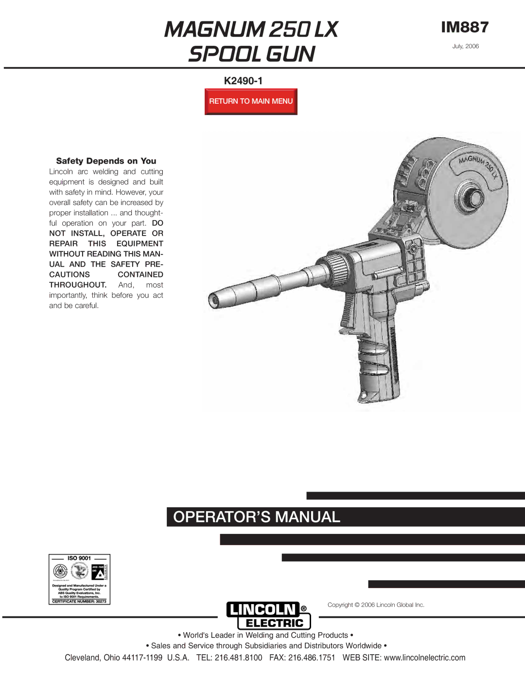 Lincoln Electric IM887 manual Magnum 250 LX Spool GUN, K2490-1 