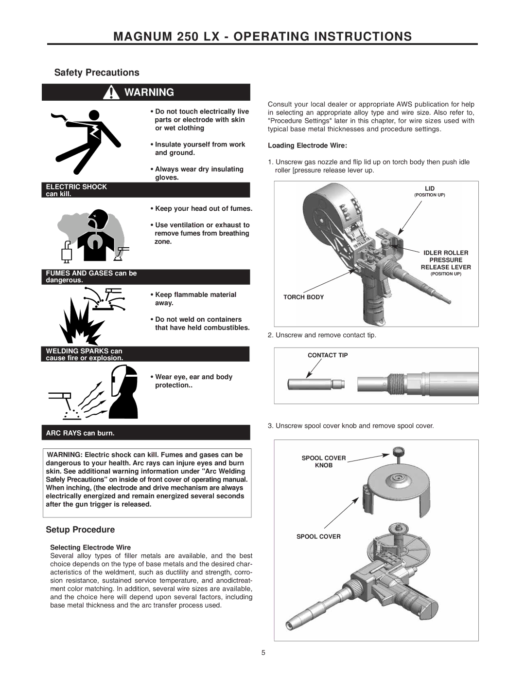 Lincoln Electric IM887 manual Magnum 250 LX Operating Instructions, Keep flammable material away, Selecting Electrode Wire 