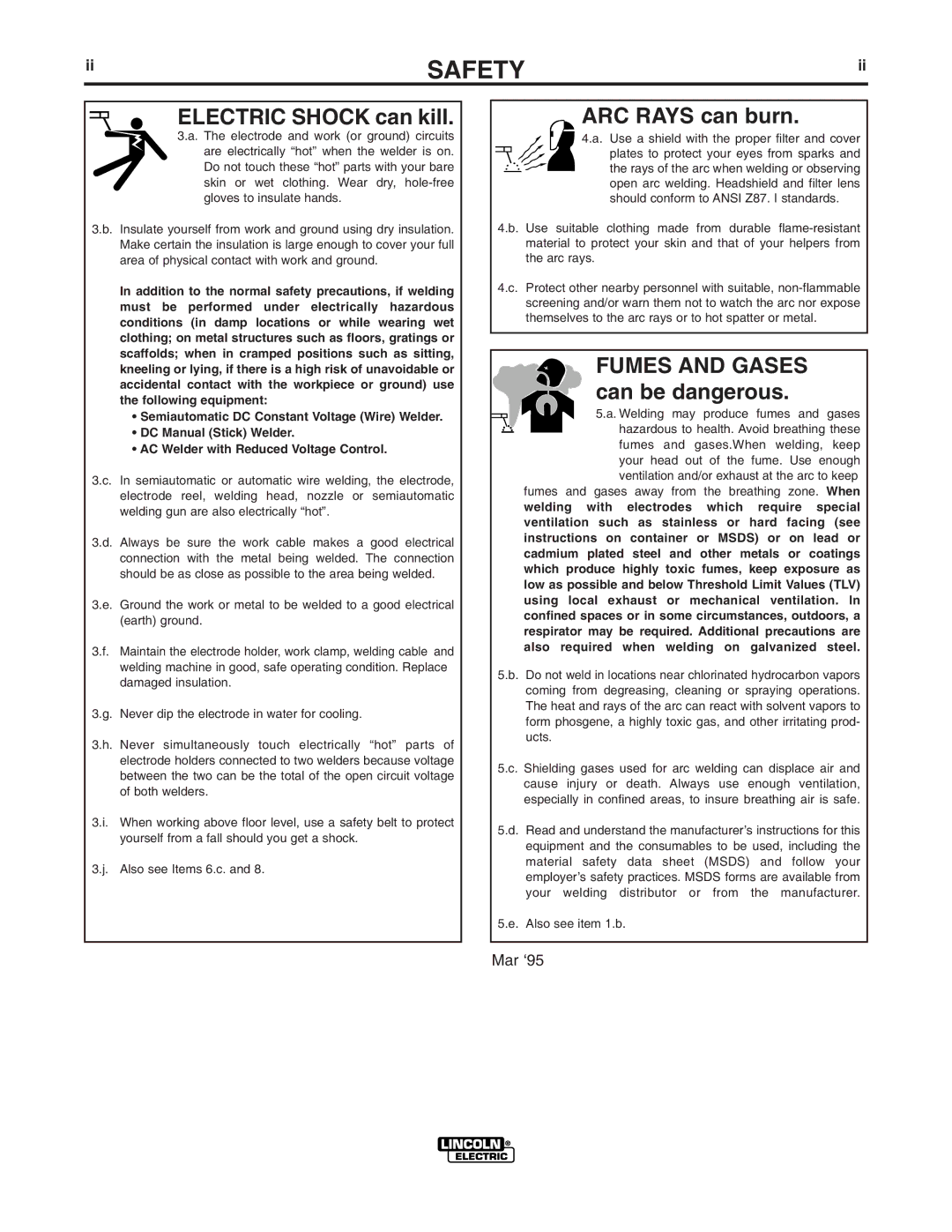 Lincoln Electric IM887 manual Electric Shock can kill, ARC Rays can burn, Fumes and Gases can be dangerous 