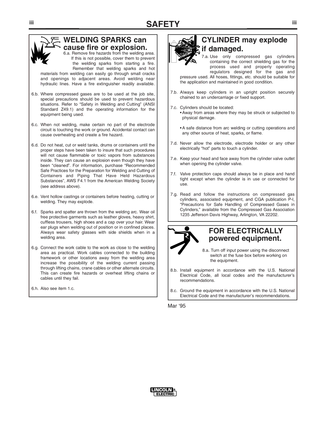 Lincoln Electric IM887 manual Cylinder may explode if damaged, Welding Sparks can cause fire or explosion 