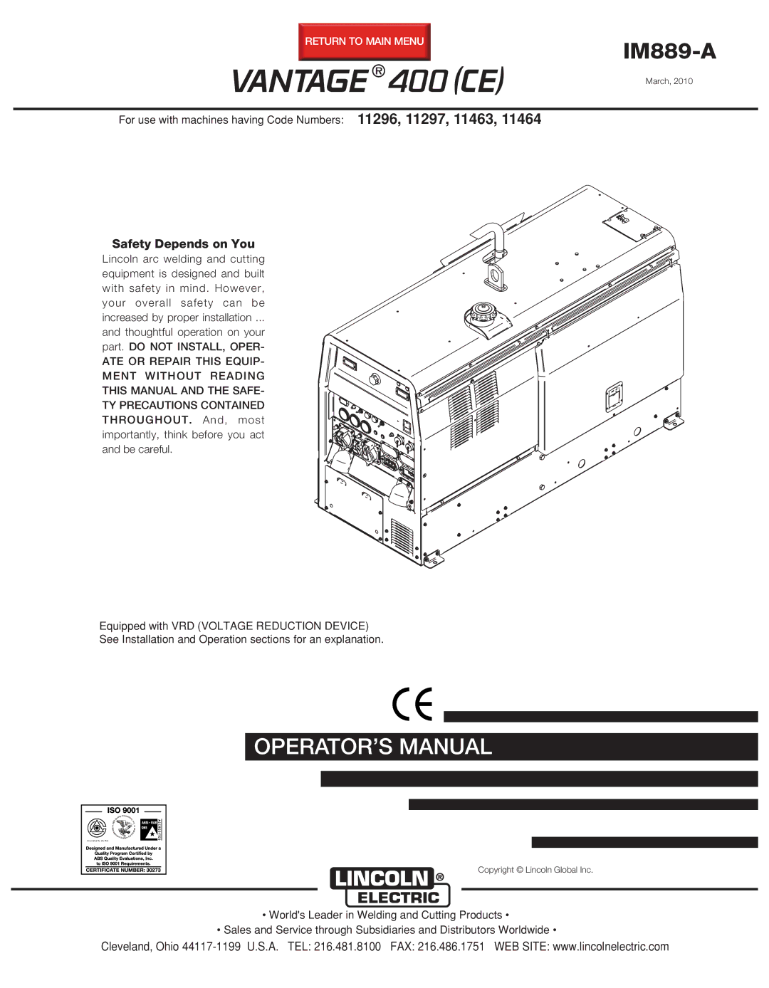 Lincoln Electric IM889-A manual Vantage 