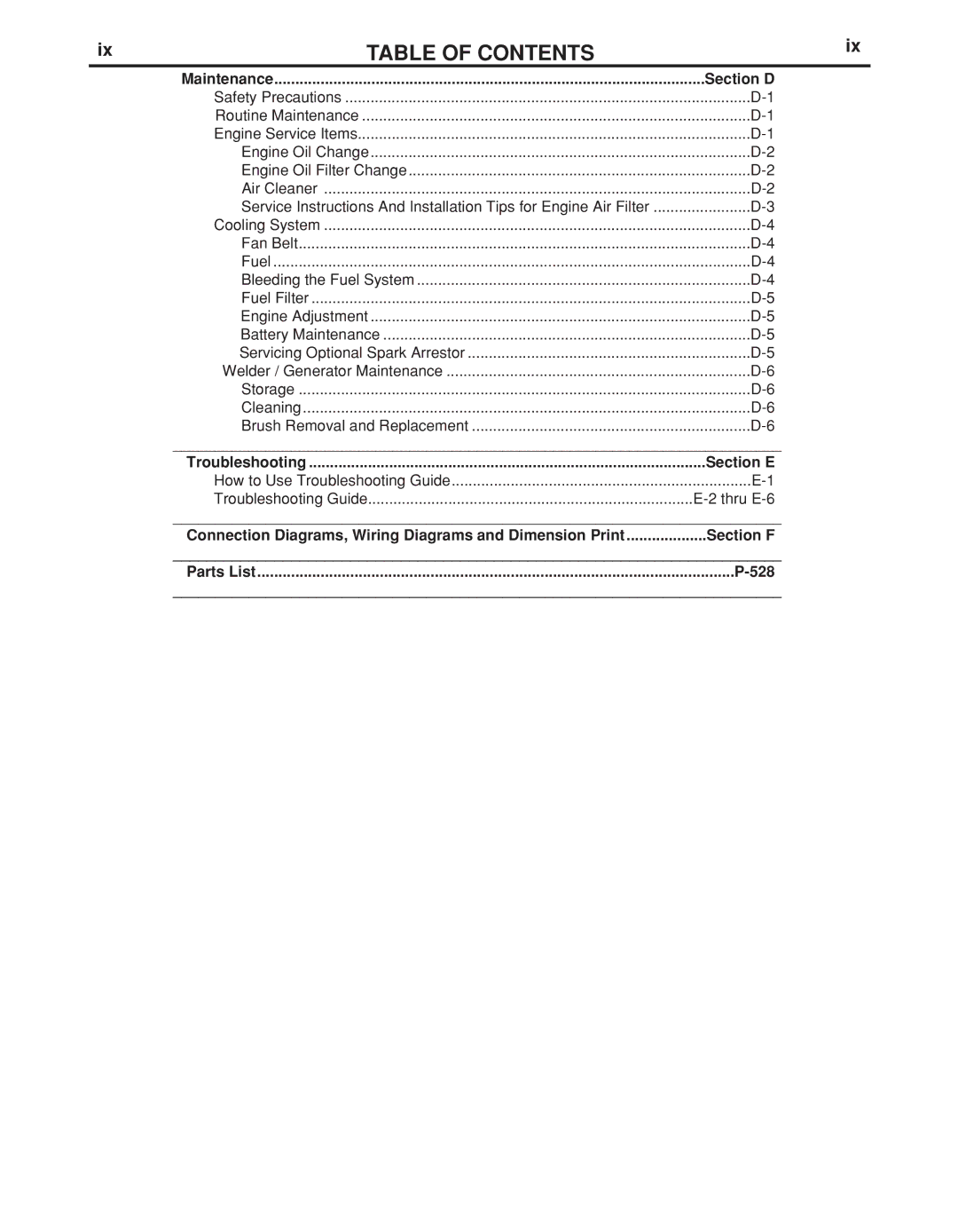 Lincoln Electric IM889-A manual Section D, Section E, Section F, 528 