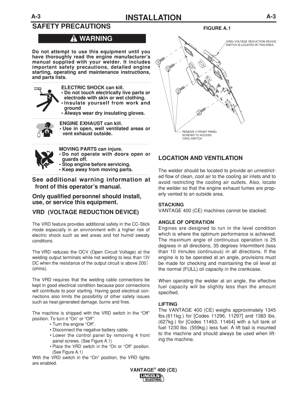 Lincoln Electric IM889-A manual Safety Precautions, VRD Voltage Reduction Device, Location and Ventilation 