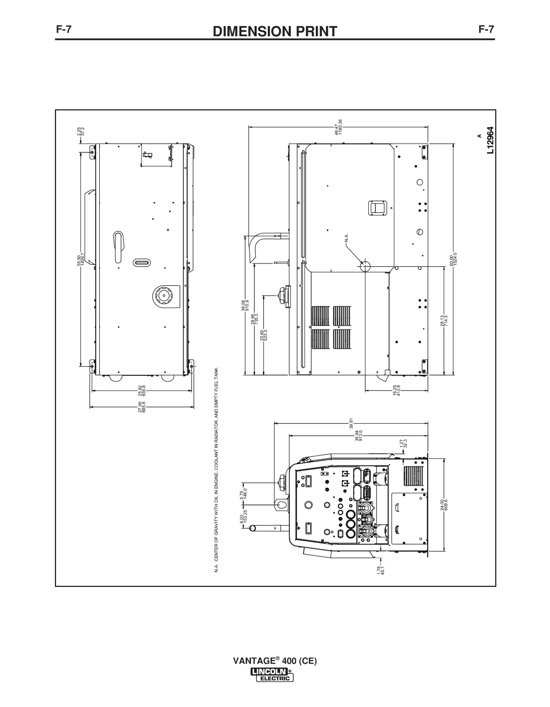 Lincoln Electric IM889-A manual Dimension Print, Vantage 400 CE, L12964 