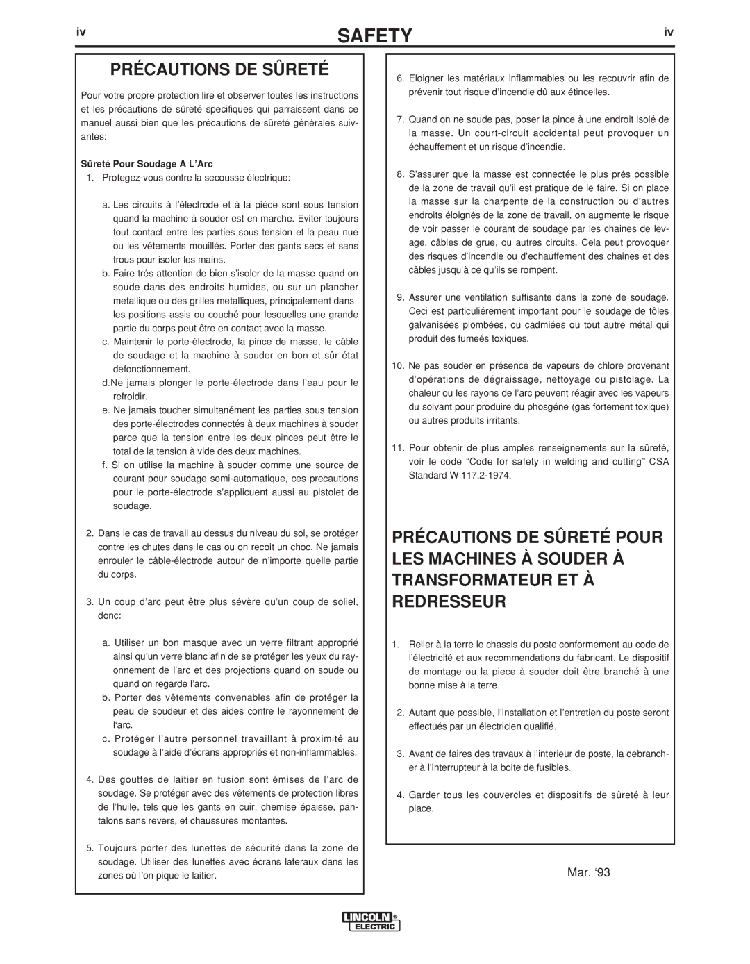 Lincoln Electric IM889-A manual Précautions DE Sûreté, Sûreté Pour Soudage a L’Arc 