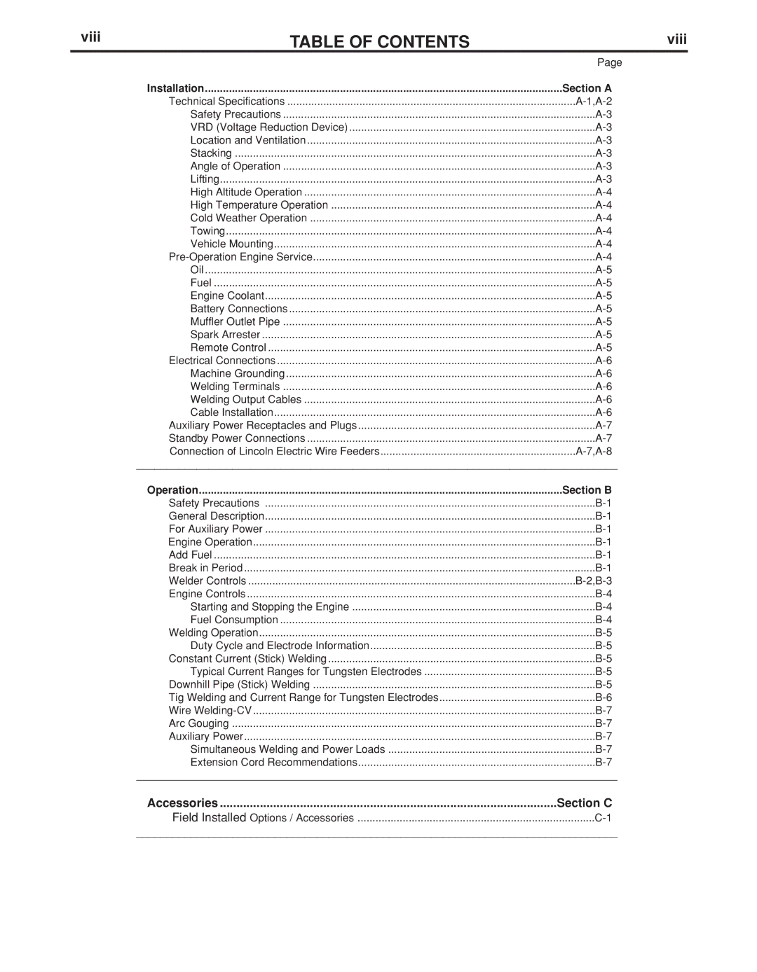 Lincoln Electric IM889-A manual Table of Contents 