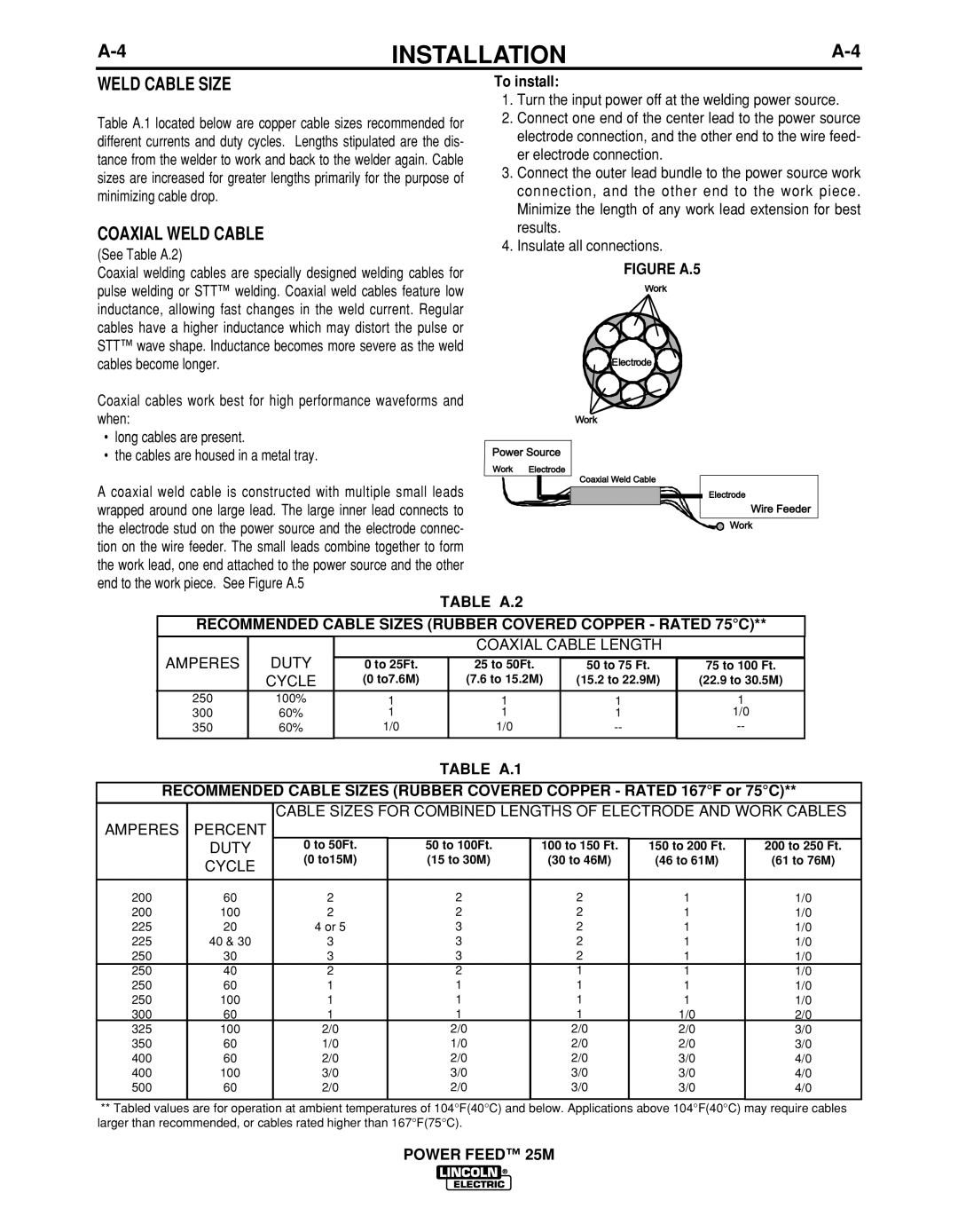 Lincoln Electric IM892-C manual Weld Cable Size, Coaxial Weld Cable, To install, Table A.1 