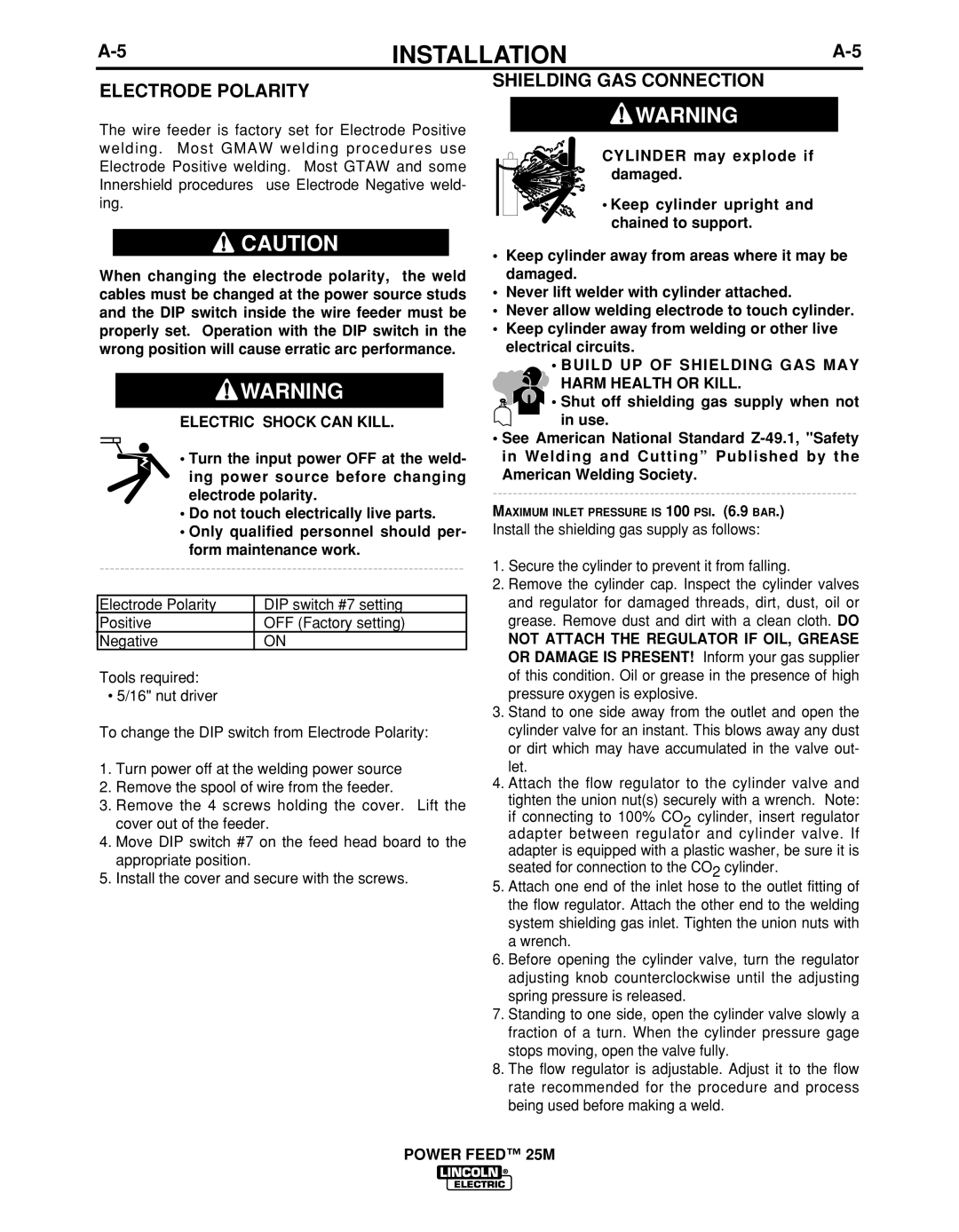 Lincoln Electric IM892-C Electrode Polarity, Shielding GAS Connection, Build UP of Shielding GAS MAY Harm Health or Kill 