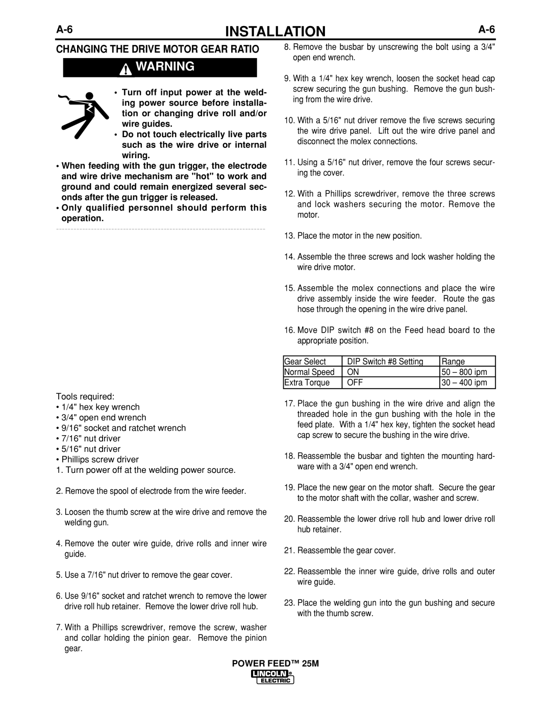 Lincoln Electric IM892-C manual Changing the Drive Motor Gear Ratio, Off 